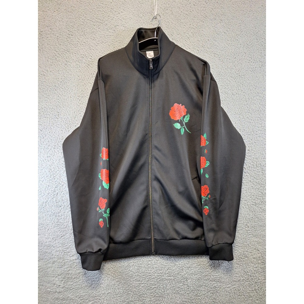 Black Rose Decal Long Sleeve Track Jacket Full Zip Athletic Outerwear Size XL